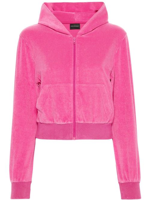 Velvet Rhinestone-Logo Hoodie — Fuchsia