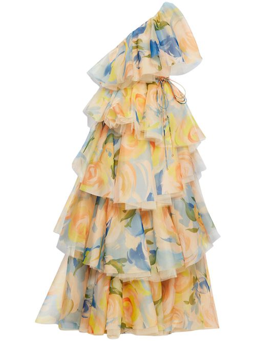 Paloma one-shoulder floral-print gown - Yellow