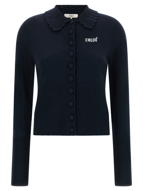 Crochet Collar Wool Cardigan — Navy