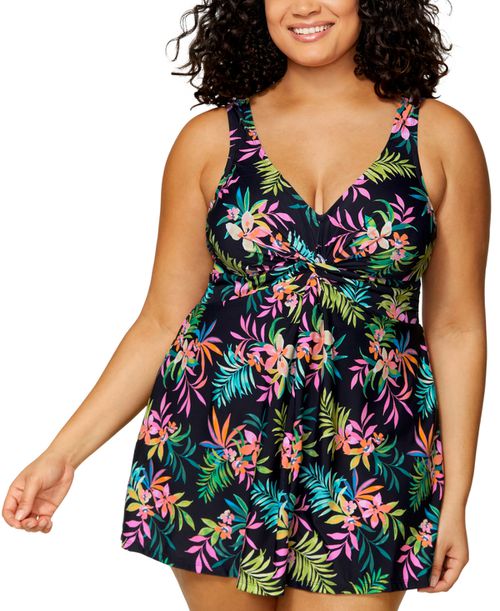 Plus Size Magnolia Twist-Front Underwire Swim Dress, Exclusively at Macys - Multi