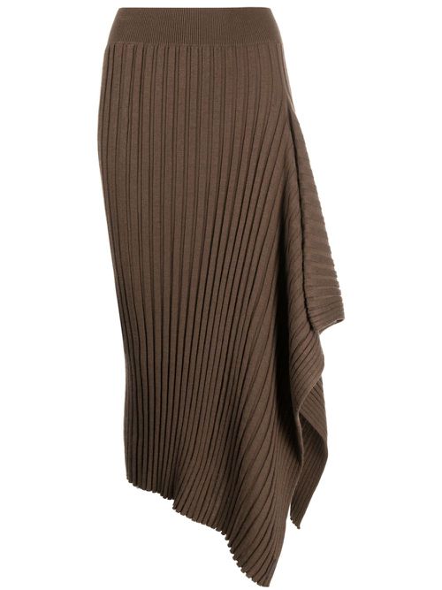 Ribbed-knit draped midi skirt - Brown