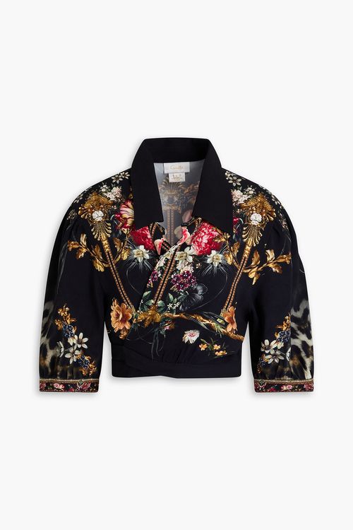 Camilla - Cropped crystal-embellished floral-print stretch-jersey wrap top - Black - XL