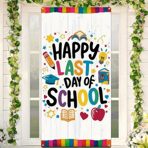TEMU 2d Door Banner, Happy Of School Banner - 35.4x70.8 Inch Polyester Decoration With Colorful School-themed Icons punch Design For