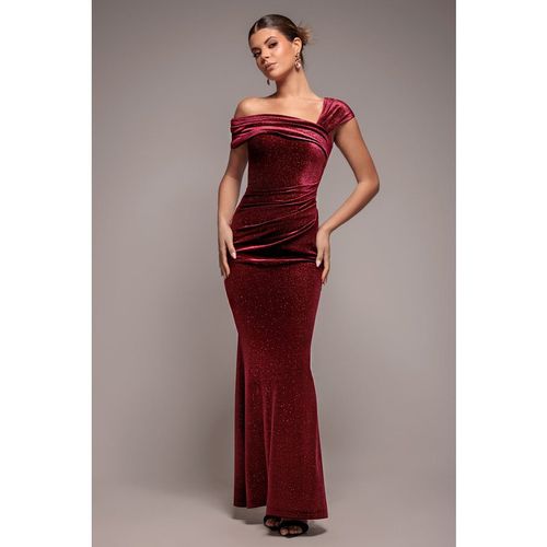 Goddiva Glitter Velvet One Shoulder Maxi Dress - Wine