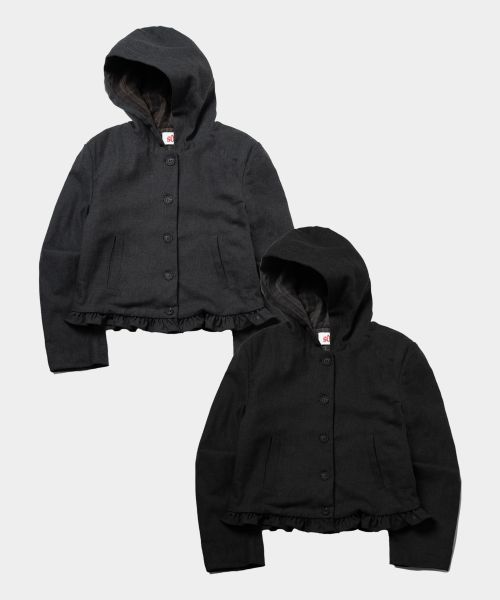 Frill Classic Women's Check Color Block Single Button Hooded Short Coat Jacket _2COLOR