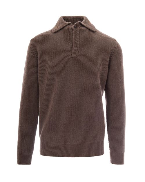 Fisherman Rib Wool Polo Sweater — Brown