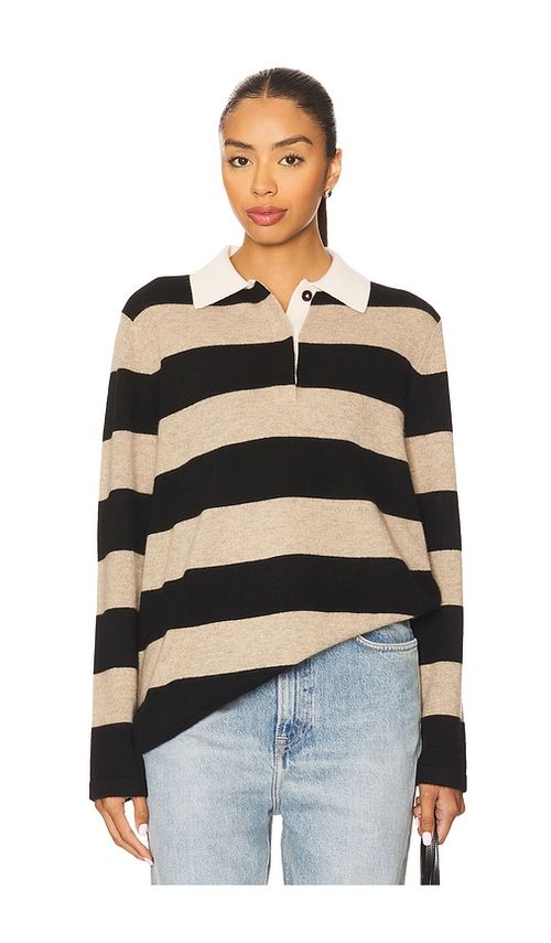 White + Warren Cashmere Rugby Stripe Polo in Black,Taupe. XS. Also in L