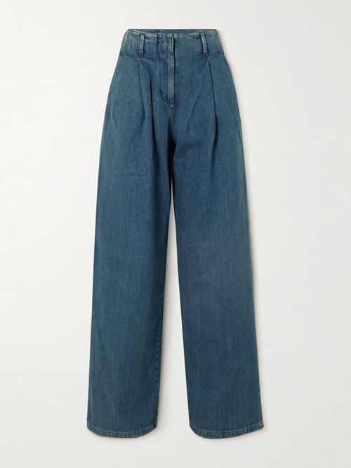 Embellished Pleated High-rise Wide-leg Jeans - Blue