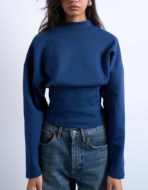 Interlock corset waist long sleeve top in navy
