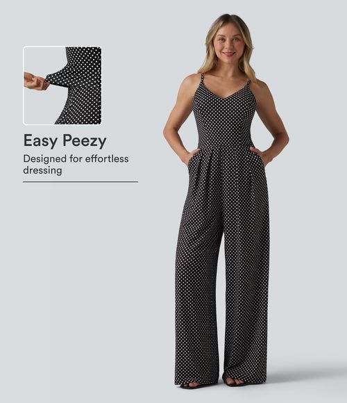 V Neck Polka Dot Slip Jumpsuit with Pockets-Easy Peezy Edition  - Midnight Dots