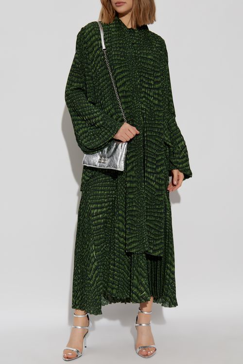 Pleated Dress With Animal Print, Women's, Green