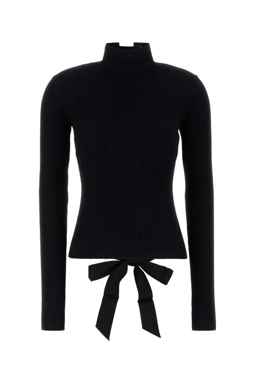 Ribbed Knit with Bow Detail Sweater — Black