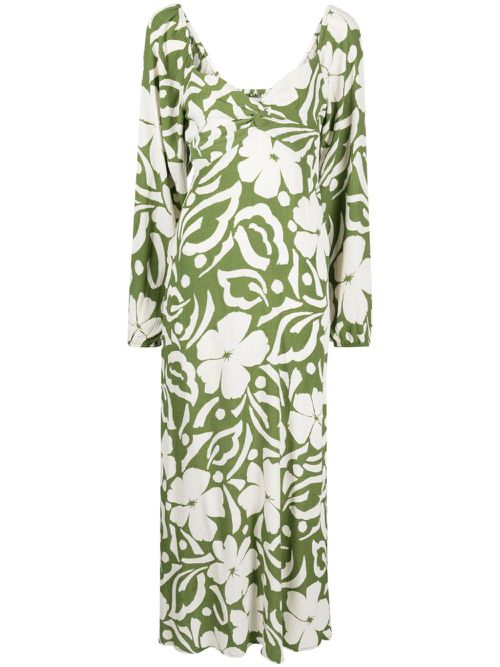 floral midi dress 3 4 sleeve Rust Floral Collared Split Neck 3/4 Sleeve Tiered Midi Dress