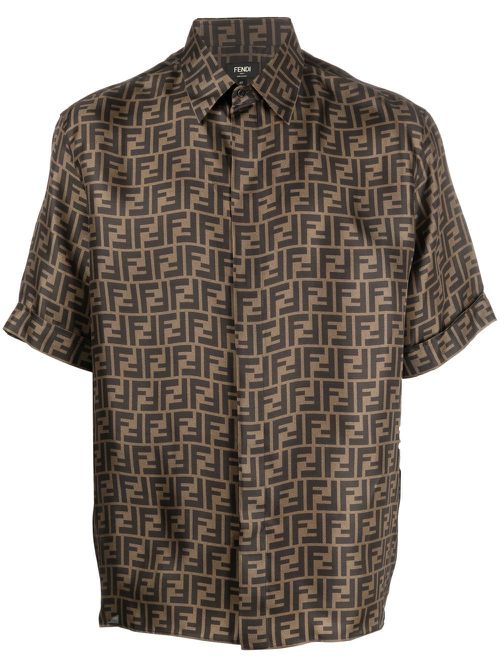FF-logo print silk shirt - Brown