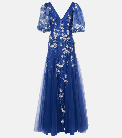 Floral-appliqué tulle gown