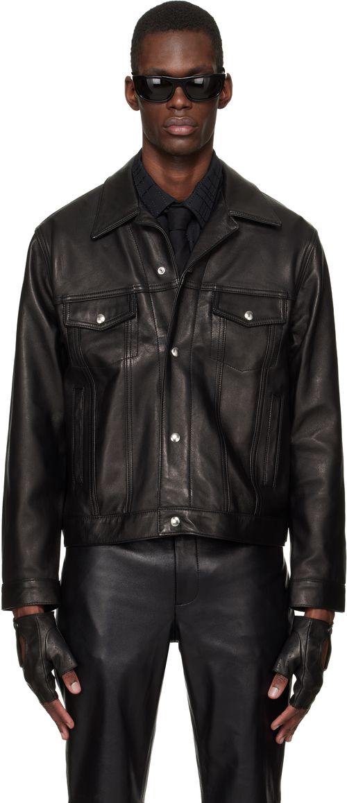 Black Diamond Spread Collar Leather Jacket