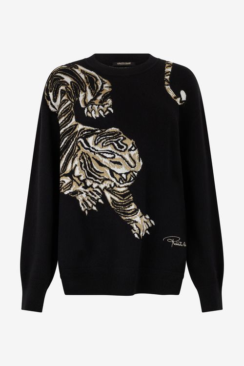 Oversized Wool Sweater With Tiger Motif