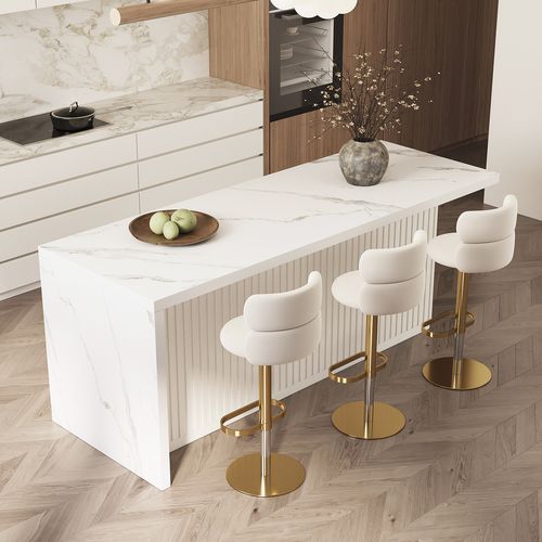 1830mm Black Kitchen Island & 4 Velvet Swivel Bar Stools with Curved Wing Back