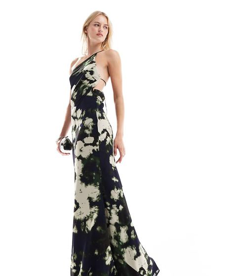 ASOS DESIGN Tall one shoulder maxi dress with open back in black abstract print-Multi