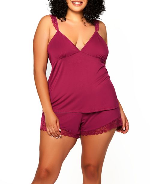 Plus Size Josie Modal Cami Short Set Trimmed in Lace, 2pc Set - Raspberry - Viscose, Spandex