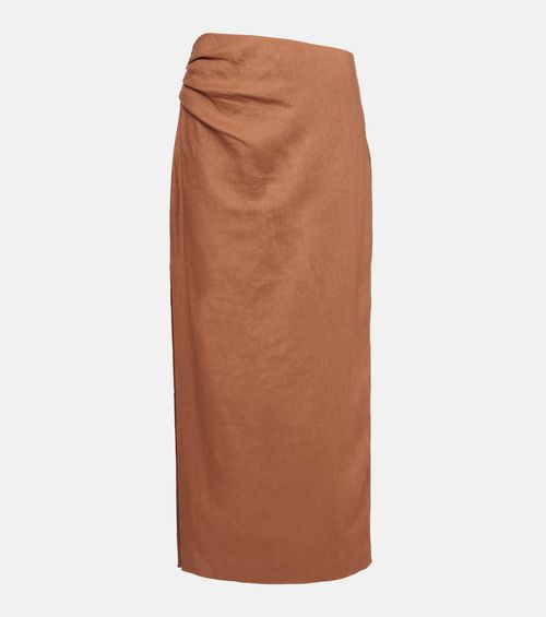 Asymmetric ruched linen midi skirt