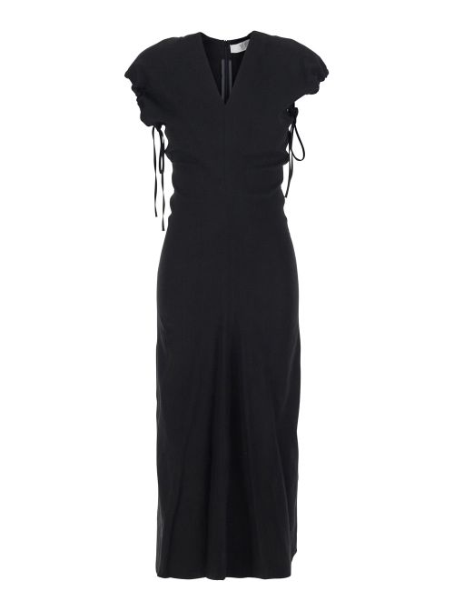 Linen Blend V-Neck Dress — Black
