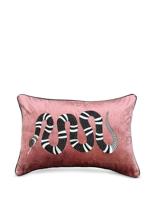Snake-embroidered velvet cushion - Pink
