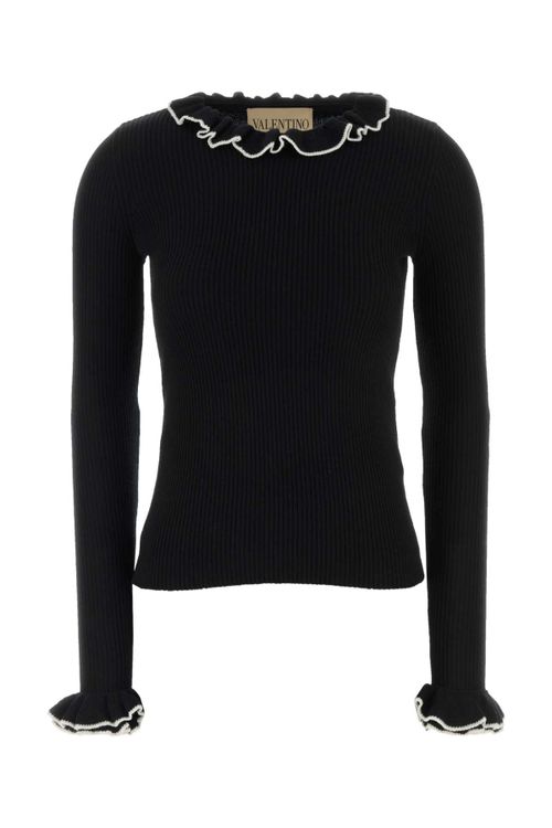 Ruffled Crew Neck Virgin Wool Sweater — Black