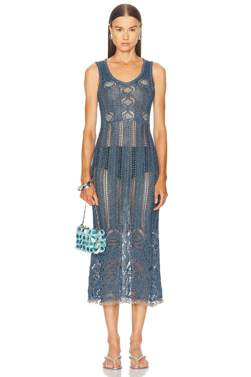 RABANNE Crochet Lurex Dress in Turquoise - Blue.  XS also in L, M