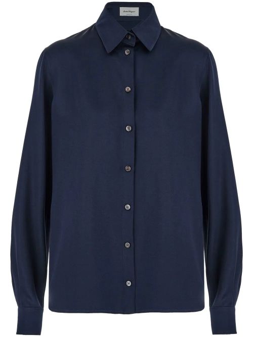 Satin Button-Up Shirt — Navy
