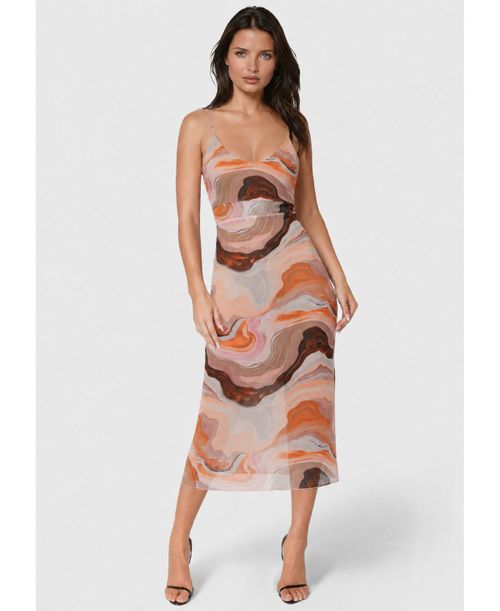 Women's Printed Mesh V-Neck Midi Dress - Blue tan