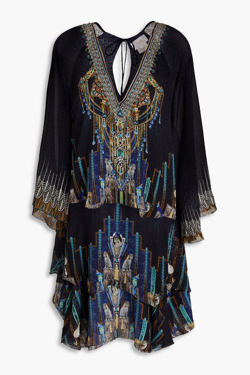 Embellished printed silk-chiffon mini dress