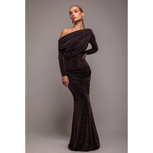 Goddiva Off The Shoulder Gathered Panel Sparkle Lurex Maxi Dress - Black Rose