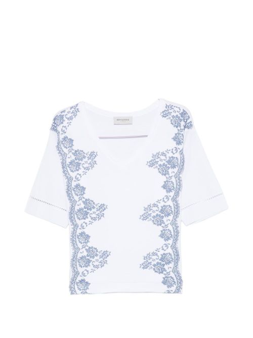 V-neck short sleeves pointelle detailing Embroidered cotton t-shirt