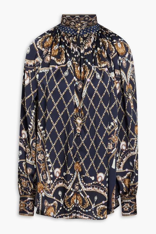 Embellished printed silk-satin blouse - Blue - XXS