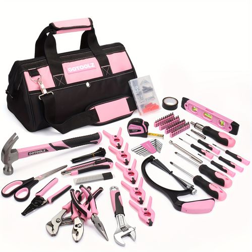TEMU Pink Tool Set, 240-piece Home Tool Kit For Women, Ladies Kit For House With 14-inch Wide Mouth Open Tool Bag, Household Hand Tool Set For