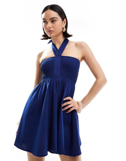 Esmee Exclusive halter shirred top mini beach dress in navy