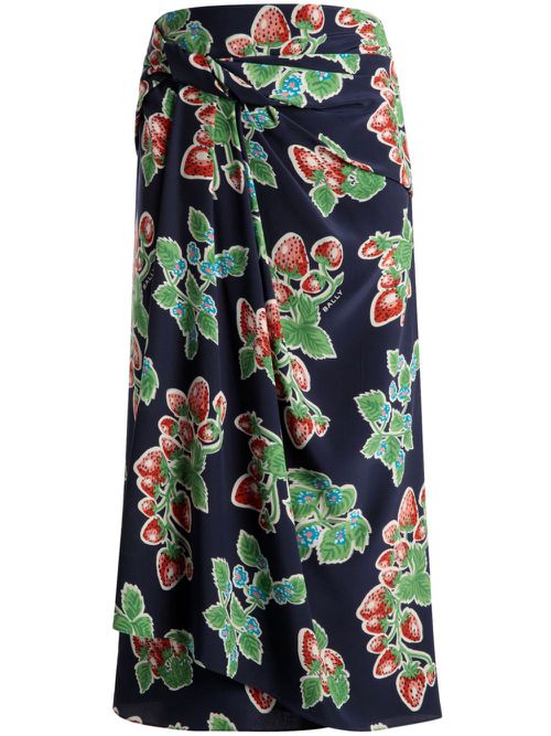 Strawberry-print silk midi skirt - Blue