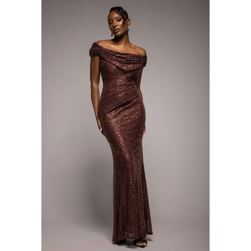 Goddiva Cap Sleeve Iridescent Sequin Cowl Maxi Dress - Brown