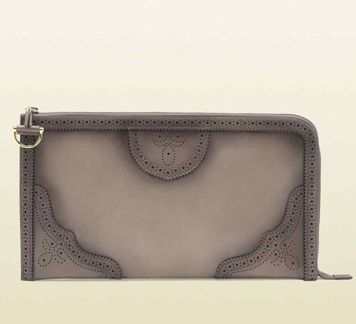 Gucci Duilio Brogue Zip Around Leather Clutch Bag Pre-Owned