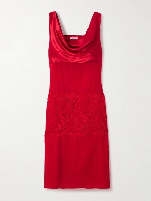Draped Satin- And Lace-paneled Silk-chiffon Midi Dress - Red