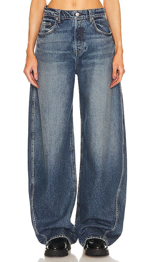 GRLFRND Paola Barrel Leg Jean in Austin - Denim-Dark. 23 also , 27