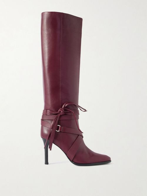 Analui Tasseled Buckled Leather Knee Boots - Burgundy