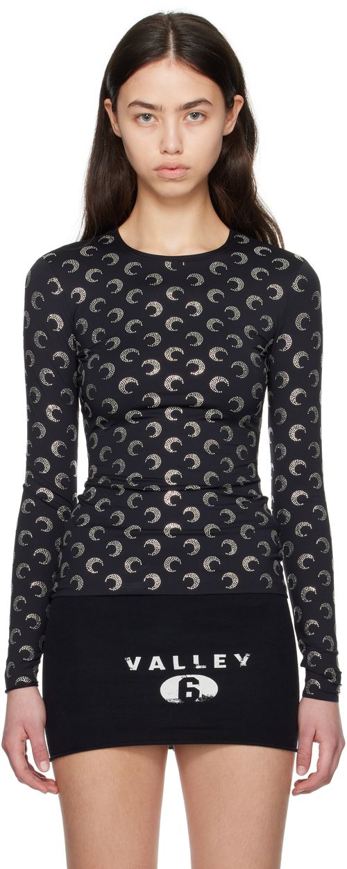 Marine Serre Black Recycled Moon Strass Jersey Second Skin Crewneck T-shirt