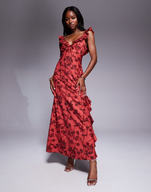 London ruffle tie front side slit maxi dress in red floral