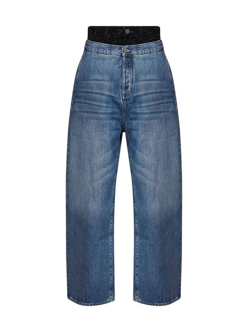Double-Waistband Rhinestone-Embellished Jeans — Blue