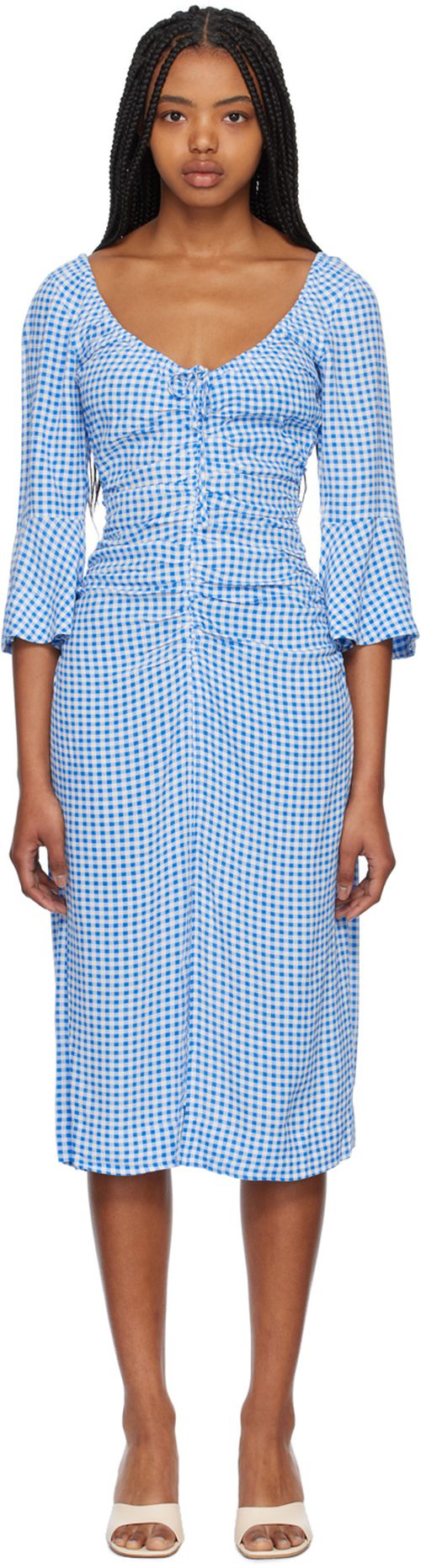 Blue gingham check midi dress