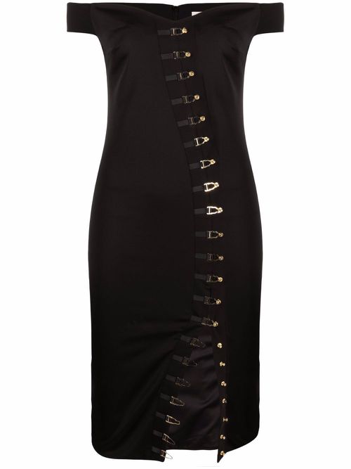 Off-shoulder hook fastening midi dress - Black
