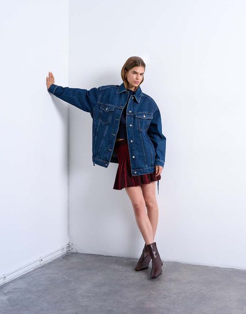 Denim oversized dad jacket with belt tie in indigo-Blue