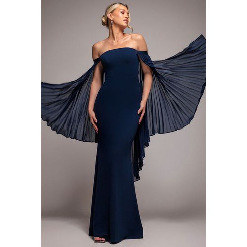 Goddiva Strapless Maxi Dress With Pleated Chiffon Cape - Navy Blue